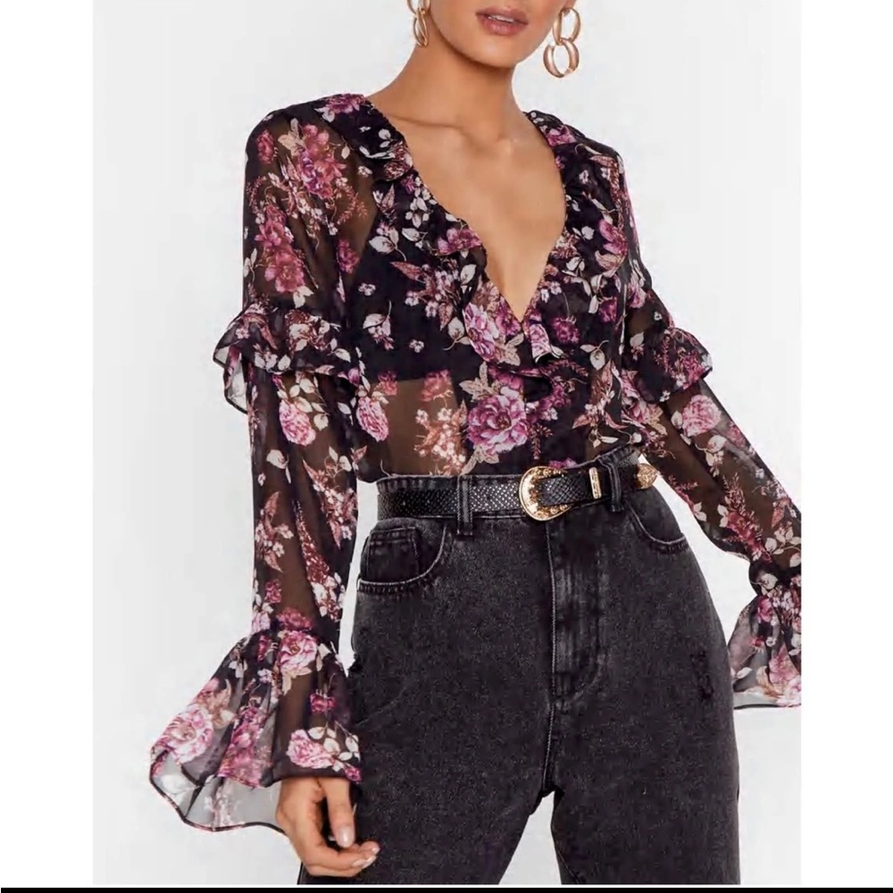 Nasty Gal NWT Black Floral Ruffle Sheer Blouse Top